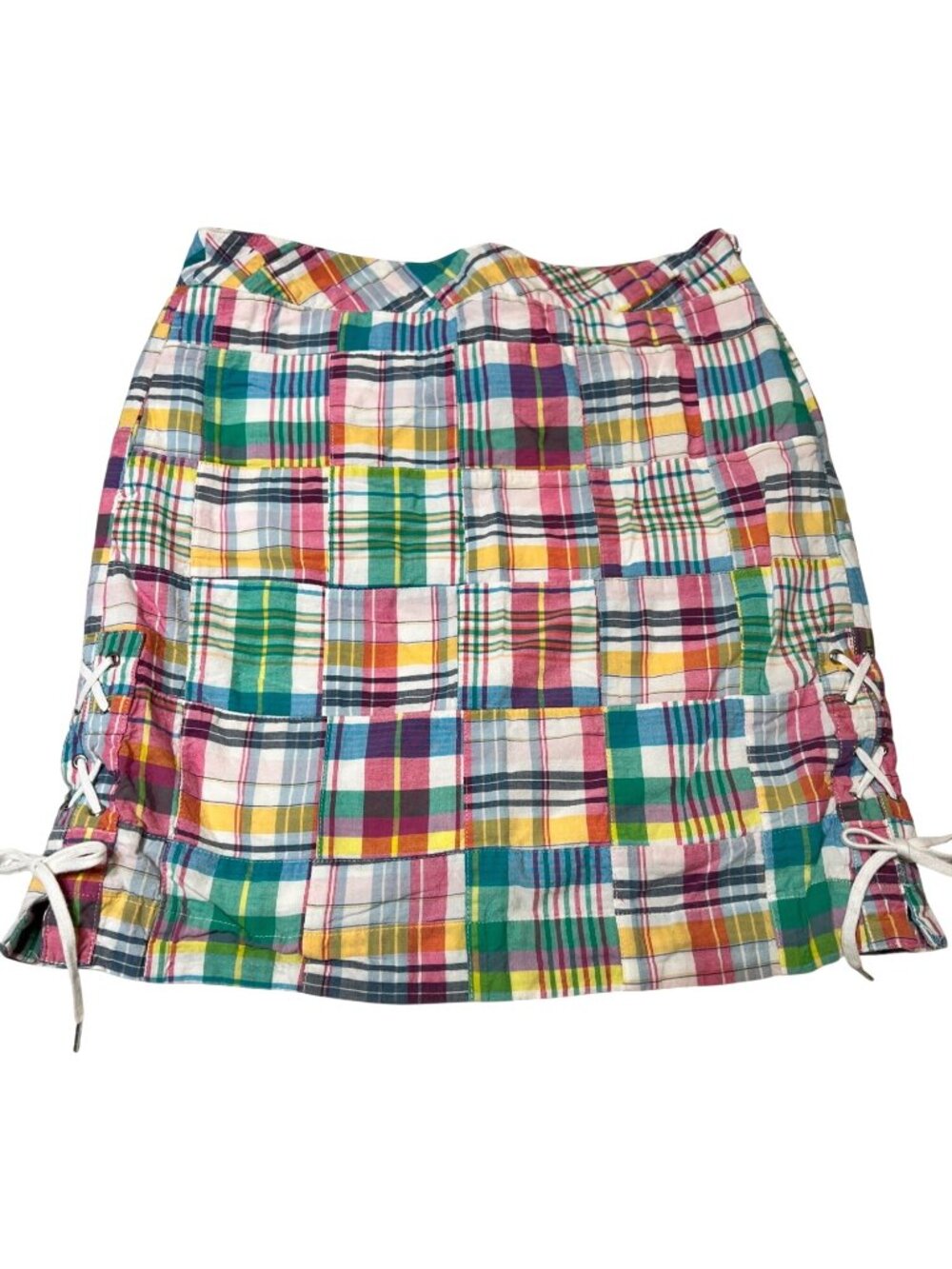 Talbots Multicolor Patchwork Mini Skirt 100% Cotton Side Zip Laced Casual     2P